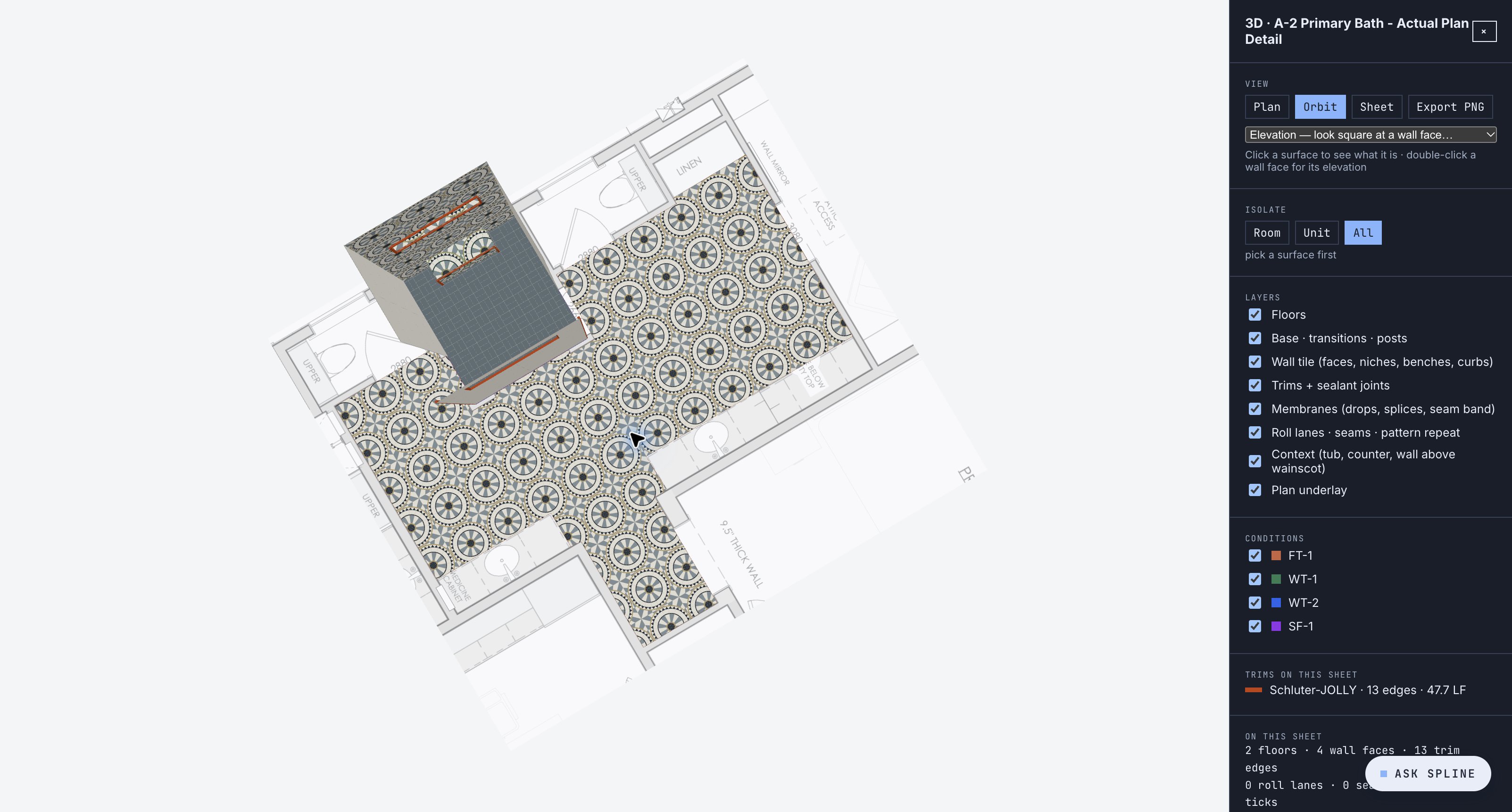 Cosmati mosaic patterns modeled across floor and shower walls