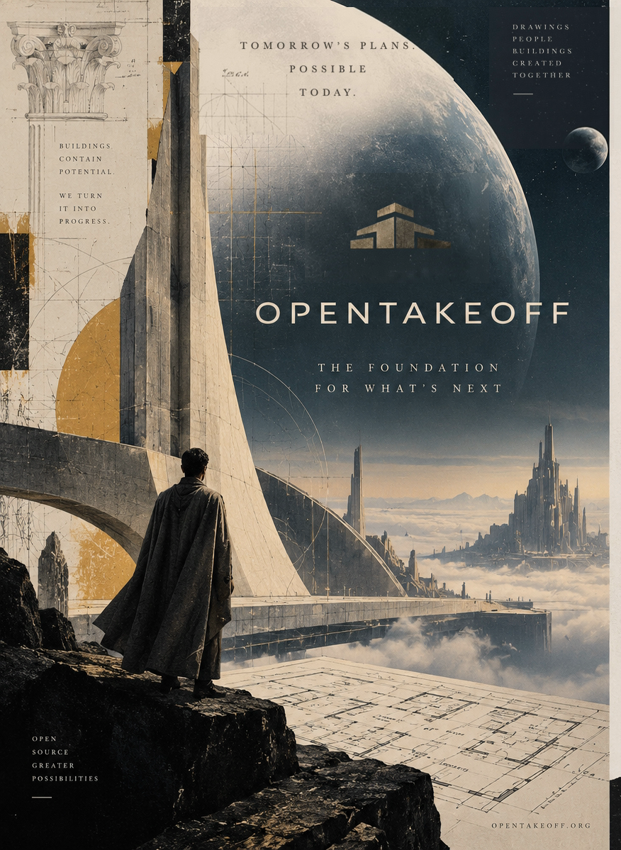 OpenTakeoff conceptual architectural poster with monumental structures and a planet