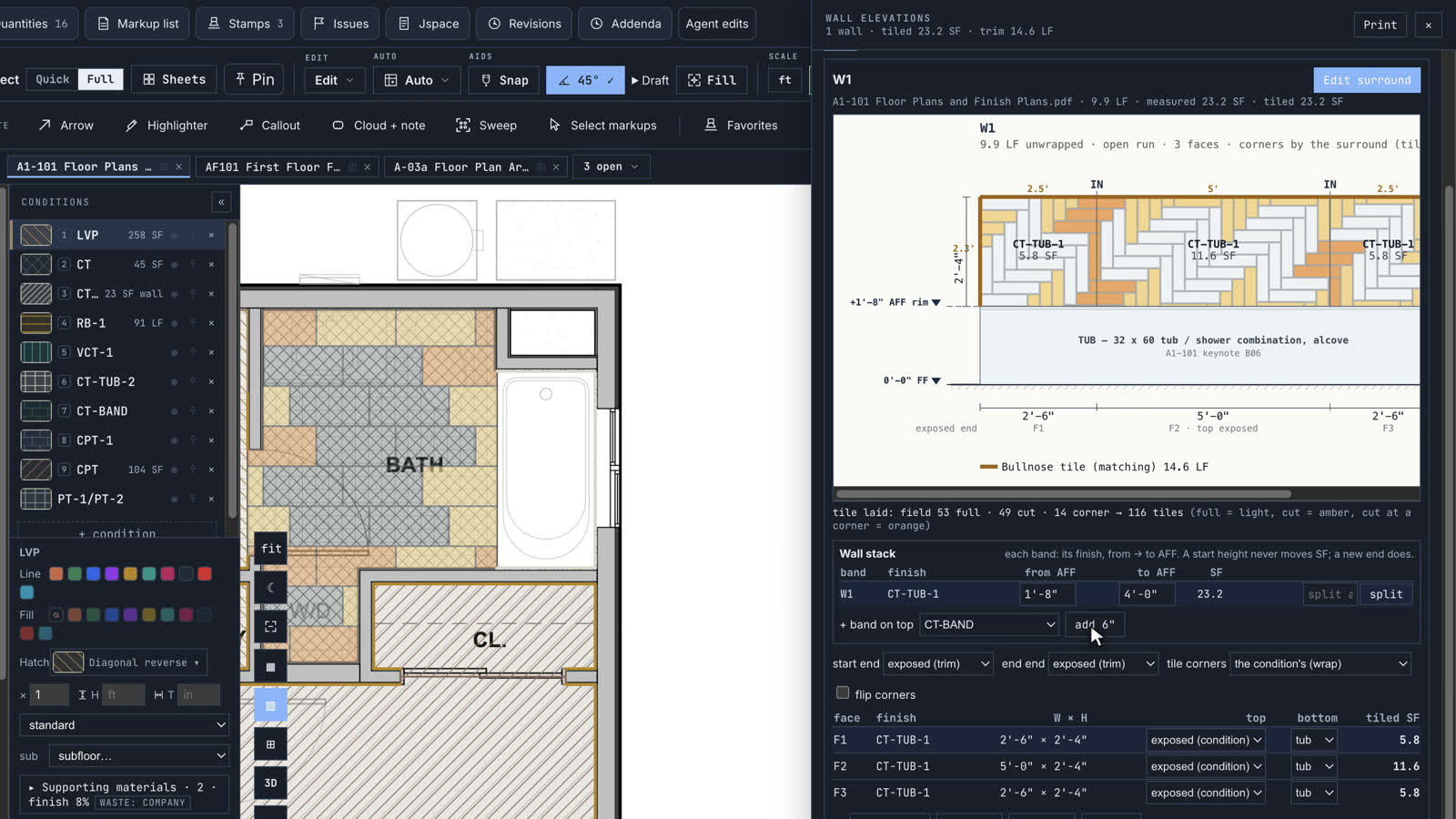 Developed tile wall elevations inside the takeoff application